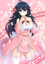 Rule 34 | 10s, 1girl, ahoge, bare shoulders, black hair, blue eyes, blush, bow, breasts, cleavage, cowboy shot, detached sleeves, dress, garter straps, hair between eyes, hair bow, hair ribbon, highres, kazenokaze, large breasts, long hair, looking at viewer, netoge no yome wa onna no ko janai to omotta?, own hands together, pink background, ribbon, simple background, smile, solo, sparkle, standing, tamaki ako, thighhighs, white thighhighs, zettai ryouiki