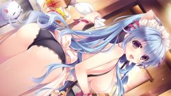 Rule 34 | 1girl, animal ears, apron, ass, bell, black panties, blue hair, breasts, cat, cat ears, cooking, copyright request, dutch angle, game cg, highres, holding, jingle bell, large breasts, long hair, nearly naked apron, nekoyashiki perusha, non-web source, nyan cafe macchiato, open mouth, panties, purple eyes, solo, underwear, wori