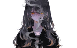 Rule 34 | 1girl, absurdres, black hair, black shirt, closed mouth, collarbone, commentary request, highres, long hair, looking at viewer, orange eyes, original, shirt, simple background, smoke, smoking, solo, tknlita, upper body, white background