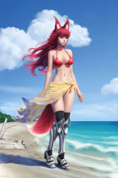 Rule 34 | 1girl, animal ears, armor, beach, bikini, blue sky, breasts, commission, day, driftwood, fox ears, fox tail, full body, gohpot, greaves, halterneck, long hair, medium breasts, navel, original, outdoors, over-kneehighs, red bikini, red eyes, red hair, sarong, sky, solo, swimsuit, tail, thighhighs, walking, wind