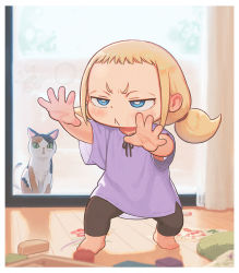 Rule 34 | 1girl, :&lt;, animal, barefoot, black legwear, blonde hair, blue eyes, border, cat, child, commentary request, crayon, curtains, feet, forehead, full body, handprint, indoors, kozato (yu kozato), legs apart, little blonde girl (kozato), looking at another, mole, mole under eye, original, purple shirt, shadow, shirt, short sleeves, short twintails, solo, stance, standing, thick eyebrows, toes, twintails, v-shaped eyebrows, white border, wide sleeves