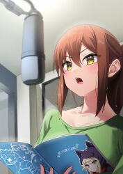 Rule 34 | 1girl, absurdres, aoyama nanami, blush, book, brown hair, collarbone, commentary request, green shirt, highres, holding, holding book, long hair, microphone, open book, open mouth, ponytail, sakura-sou no pet na kanojo, shiina mashiro, shirt, slope (check238), solo, t-shirt, teeth, upper teeth only, yellow eyes