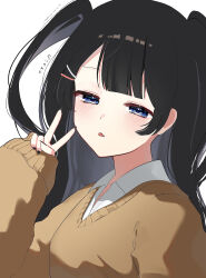 Rule 34 | 1girl, :&lt;, absurdres, black hair, black nails, blue eyes, blush, brown sweater, collared shirt, from side, half-closed eyes, hand up, highres, long hair, long sleeves, looking at viewer, nail polish, nijisanji, open collar, open mouth, parted bangs, school uniform, shirt, sidelocks, simple background, sleeves past wrists, solo, sweater, tsukino mito, two side up, upper body, v, v-neck, virtual youtuber, white background, white shirt, yaijima