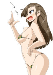 Rule 34 | 10s, 1girl, absurdres, aono3, asymmetrical bangs, bikini, breasts, brown eyes, brown hair, camouflage, camouflage bikini, cowboy shot, girls und panzer, hand on own hip, highres, long hair, looking to the side, matching hair/eyes, medium breasts, micro bikini, multicolored bikini, multicolored clothes, nishi kinuyo, open mouth, pointing, pointing up, sideboob, simple background, smile, solo, standing, swimsuit, text focus, translation request, underboob, white background