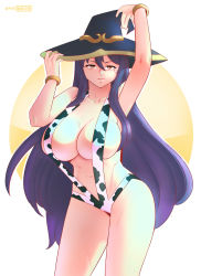 Rule 34 | 1girl, absurdres, animal print, breasts, cleavage, cow print, goblin slayer!, hat, highres, large breasts, long hair, mole, mole under eye, navel, purple hair, slingshot swimsuit, swimsuit, witch (goblin slayer!), witch hat