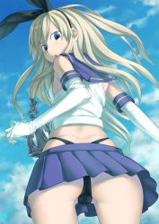 Rule 34 | 10s, 1girl, anchor, ass, bare shoulders, black panties, blonde hair, blue eyes, blush, cloud, day, elbow gloves, from behind, from below, frown, gloves, hair ornament, hair ribbon, harmaline, highres, kantai collection, long hair, looking at viewer, looking back, open mouth, panties, pantyshot, personification, ribbon, sailor collar, shimakaze (kancolle), skirt, sky, solo, underwear, upskirt, white gloves