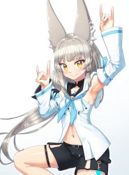 Rule 34 | alten, animal ears, black shorts, blue neckerchief, breasts, chest jewel, cosplay, detached sleeves, facial mark, highres, hololive, long hair, low twintails, neckerchief, nia (blade) (xenoblade), nia (xenoblade), shirakami fubuki, shirakami fubuki (1st costume), short shorts, shorts, silver hair, small breasts, thigh strap, twintails, very long hair, virtual youtuber, white sleeves, wide sleeves, xenoblade chronicles (series), xenoblade chronicles 2, yellow eyes