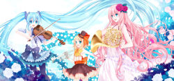 Rule 34 | 3girls, aqua eyes, aqua hair, bad id, bad pixiv id, blonde hair, bow, bowtie, dress, flower, french horn, hair flower, hair ornament, hairpin, hat, hatsune miku, highres, instrument, jpeg artifacts, kagamine rin, koto (colorcube), long hair, megurine luka, multiple girls, open mouth, pink hair, ribbon, rose, smile, top hat, trumpet, twintails, violin, vocaloid, white flower, white rose