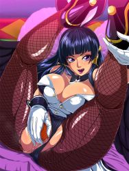 Rule 34 | 1girl, anus, ass, bare shoulders, black wings, blue hair, blunt bangs, breasts, censored, cleavage, dead or alive, dead or alive 5, detached collar, feathered wings, female masturbation, fishnet legwear, fishnets, gloves, high heels, highres, large breasts, legs, legs up, licking lips, long hair, looking at viewer, lying, makeup, masturbation, mole, mole under mouth, mosaic censoring, naughty face, nyotengu, on back, parted lips, purple eyes, pussy, raburebo, solo, thighs, tongue, tongue out, white gloves, wings