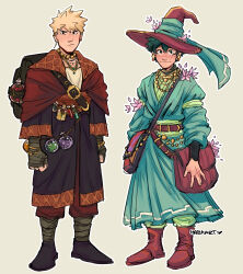 Rule 34 | 2boys, absurdres, alternate costume, alternate universe, artist name, bakugou katsuki, belt, blonde hair, boku no hero academia, boots, brown bag, brown belt, brown footwear, brown headwear, clenched hands, closed mouth, commentary, earrings, english commentary, flower, freckles, frown, full body, green hair, habkart, hat, highres, jewelry, long sleeves, looking at viewer, male focus, midoriya izuku, multiple boys, necklace, pants, potion, short hair, simple background, smile, standing, witch, witch hat