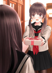 Rule 34 | 2girls, :o, back, bad id, bad pixiv id, black legwear, black skirt, blouse, blurry, blush, bow, box, brown eyes, brown hair, chikuwa (glossymmmk), chikuwa (odennabe), commentary request, depth of field, eyebrows, gift, gift box, hair tie, hallway, holding, holding gift, long hair, long sleeves, looking at another, miniskirt, multiple girls, original, outstretched arms, pantyhose, pink bow, pink ribbon, pleated skirt, polka dot, ribbon, school uniform, serafuku, shirt, skirt, twintails, valentine, white shirt, window, wooden floor, yuri