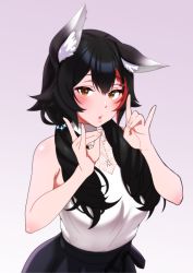 Rule 34 | 1girl, \m/, animal ears, bare shoulders, black hair, blush, breasts, brown eyes, double fox shadow puppet, fox shadow puppet, gradient background, hair ornament, hairclip, highres, hololive, jewelry, looking at viewer, multicolored hair, necklace, ookami mio, ookami mio (street), parted lips, red hair, solo, twintails, two-tone hair, virtual youtuber, wolf ears, zabudog777