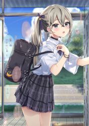 Rule 34 | 1girl, bag, blue sky, blush, bow, bus stop, cloud, collared shirt, crescent, day, grey eyes, grey hair, grey skirt, hair between eyes, hair bow, highres, long hair, looking at viewer, looking to the side, maruma (maruma gic), mole, open mouth, original, outdoors, pixelated, plaid, plaid skirt, pleated skirt, purple bow, school bag, school uniform, shirt, short sleeves, side ponytail, skirt, sky, solo, white shirt