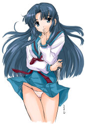 00s 1girl asakura_ryouko blue_eyes blue_hair cameltoe female_focus knife long_hair matching_hair/eyes panties pantyshot school_uniform serafuku side-tie_panties solo suzumiya_haruhi_no_yuuutsu tsuchinoto underwear wind wind_lift