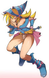 Rule 34 | 1girl, ;o, a go, ago, bare shoulders, blonde hair, blowing kiss, blue eyes, blue hat, blush, boots, breasts, bulge, cleavage, covered penis, covered testicles, dark magician girl, detached sleeves, flaccid, floating, full body, futanari, green eyes, hat, highres, holding, holding staff, long hair, looking at viewer, off shoulder, one eye closed, panties, pentagram, scepter, simple background, solo, staff, testicles, underwear, white background, white panties, witch hat, wizard hat, yu-gi-oh!