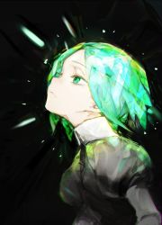 Rule 34 | 1other, androgynous, black background, black shirt, closed mouth, collared shirt, from side, green eyes, green hair, highres, hiranko, houseki no kuni, looking up, phosphophyllite, puffy short sleeves, puffy sleeves, shirt, short sleeves, solo, upper body, white shirt, wing collar