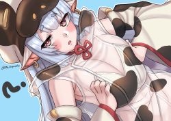 Rule 34 | 1girl, ?, absurdres, animal ears, animal print, bare shoulders, bikini, blue background, blue hair, blush, breasts, breasts squeezed together, catura (granblue fantasy), collarbone, cow ears, cow girl, cow hat, cow print, detached collar, detached sleeves, draph, ear piercing, granblue fantasy, gupunetsu, hat, highres, large breasts, long hair, looking at viewer, navel, open mouth, piercing, pointy ears, purple eyes, see-through, solo, swimsuit, white bikini, wide sleeves