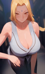 Rule 34 | 1girl, absurdres, black pants, blonde hair, blurry, blurry background, blush, breasts, cleavage, collarbone, commentary, dated commentary, doyagao, facial mark, fingernails, forehead, forehead mark, highres, japanese clothes, kimono, large breasts, nail polish, naruto (series), outdoors, pants, rororo, shirt, sleeveless, sleeveless kimono, smug, solo, tsunade (naruto)