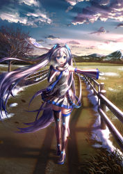 Rule 34 | 1girl, blue eyes, blue hair, boots, cloud, daisan oujo, detached sleeves, fence, full body, hatsune miku, highres, leaf, long hair, looking at viewer, mittens, necktie, open mouth, outdoors, outstretched arm, road, scarf, skirt, sky, snow, snowflakes, solo, thigh boots, thighhighs, tree, twintails, very long hair, vocaloid, walking, winter, wooden fence, yuki miku