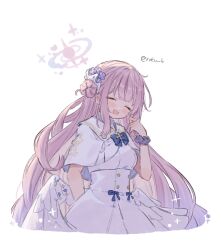 Rule 34 | 1girl, angel wings, artist name, blue archive, blue bow, blush, bow, bowtie, capelet, closed eyes, collared capelet, dress, feathered wings, flower, gradient hair, hair bun, hair flower, hair ornament, halo, highres, long hair, low wings, mika (blue archive), multicolored hair, open mouth, pink hair, pink halo, purple flower, purple hair, purple scrunchie, roku 6, scrunchie, simple background, single side bun, smile, solo, sparkle, twitter username, upper body, white background, white capelet, white dress, white wings, wings, wrist scrunchie