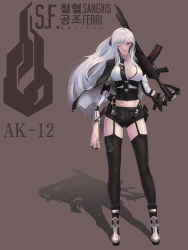Rule 34 | 1girl, absurdres, ak-12, ak-12 (girls&#039; frontline), assault rifle, black thighhighs, blood, boots, breasts, cape, cleavage, collarbone, full body, garter straps, girls&#039; frontline, gloves, gun, highres, holding, holding gun, holding weapon, jacket, kalashnikov rifle, large breasts, long hair, looking at viewer, magazine (weapon), mechanical arms, midriff, navel, one eye closed, purple eyes, ribbon, short shorts, shorts, silver hair, single mechanical arm, smile, solo, standing, thighhighs, un lim, weapon