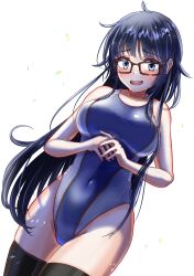 Rule 34 | 1girl, absurdres, ahoge, black hair, black thighhighs, blue one-piece swimsuit, breasts, charomi, competition swimsuit, covered navel, cowboy shot, gero mitsuki, glasses, grey hair, highres, large breasts, long hair, looking at viewer, one-piece swimsuit, onsen musume, red-framed eyewear, simple background, solo, swimsuit, thighhighs, two-tone swimsuit, white background