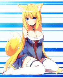 Rule 34 | 1girl, animal ear fluff, animal ears, aoi (naomi), bare shoulders, blonde hair, blue eyes, blush, breasts, cleavage, fox ears, fox tail, hutaba aoi, large breasts, long hair, looking at viewer, nanashin naomi, original, smile, solo, tail, thighhighs, very long hair, white thighhighs