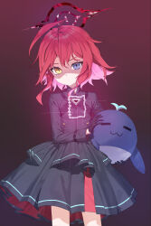 1girl absurdres ahoge aura black_dress black_gloves blue_archive blue_eyes commentary_request doll dress gloves hair_between_eyes halo heterochromia highres holding holding_doll hoshino_(blue_archive) hoshino_terror_(blue_archive) long_sleeves looking_at_viewer official_alternate_costume official_alternate_hairstyle red_hair shaded_face short_hair short_hair_with_long_locks simple_background solo stuffed_whale taktori yellow_eyes