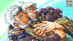 Rule 34 | 2boys, ahoge, armor, bacchus (f-kare), bara, beard, blue background, blush, bunta ru, closed eyes, closed mouth, commentary request, dark-skinned male, dark skin, facial hair, gradient background, green background, green eyes, highres, hug, hug from behind, jewelry, light particles, looking at another, male focus, multiple boys, muscular, muscular male, nidhogg (f-kare), old, old man, partial commentary, ring, short hair, shoukan yuusha to f-kei kareshi, simple background, smile, thick eyebrows