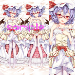 Rule 34 | 1girl, bare shoulders, bat wings, bed sheet, bespectacled, blue hair, blush, breasts, clothes lift, dakimakura (medium), dress, dress lift, dress tug, fang, from above, garter straps, glasses, hat, hat ribbon, highres, looking at viewer, lying, mob cap, multiple views, nipples, ogami kazuki, on back, open mouth, panties, red eyes, remilia scarlet, ribbon, sample watermark, small breasts, smile, thighhighs, touhou, underwear, watermark, white thighhighs, wings