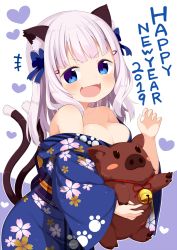 Rule 34 | +++, 1girl, 2019, animal, animal ears, bell, blue bow, blue eyes, blue kimono, blush, boar, bow, breasts, cat ears, cat girl, cat tail, chinese zodiac, claw pose, cleavage, commentary request, fangs, floral print, hair bow, hair ornament, hairclip, hand up, happy new year, head tilt, heart, highres, holding, holding animal, japanese clothes, jingle bell, kimono, long hair, long sleeves, looking at viewer, medium breasts, muku (muku-coffee), multiple tails, nekomata, new year, obi, original, print kimono, revision, sash, sheeney (muku), silver hair, simple background, solo, tail, tail raised, two tails, white background, wide sleeves, year of the pig