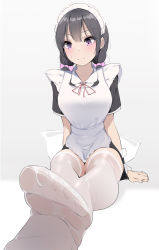Rule 34 | 1girl, apron, bad id, bad pixiv id, black hair, bow, commentary, feet, foot focus, foreshortening, hair bow, maid, maid apron, maid headdress, no shoes, original, purple eyes, simple background, sitting, solo, sweatdrop, thighhighs, toes, twintails, unimon e, white thighhighs