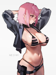 Rule 34 | 1girl, absurdres, alternate costume, alternate hair length, alternate hairstyle, arms behind head, arms up, belt, belt pouch, bikini, black belt, black bikini, black collar, black jacket, blunt bangs, breasts, cleavage, closed mouth, collar, collarbone, commentary, groin, hair intakes, highres, hololive, hololive english, jacket, large breasts, long sleeves, looking to the side, me o wy, medium hair, mori calliope, navel, nose, open clothes, open jacket, pink eyes, pink hair, pouch, simple background, skindentation, solo, standing, stomach, striped bikini, striped clothes, swimsuit, thighs, virtual youtuber, white background