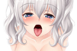Rule 34 | 10s, 1girl, blue eyes, blush, breasts, eyebrows, heart, heart-shaped pupils, kantai collection, kashima (kancolle), looking at viewer, nude, ogoro, open mouth, oral invitation, saliva, short hair, silver hair, simple background, solo, symbol-shaped pupils, tongue, tongue out, twintails, upper body, uvula, white background