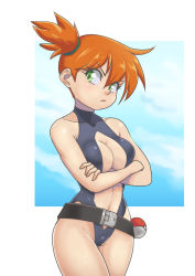 Rule 34 | 1girl, asymmetrical hair, bare shoulders, belt, bikini, blush, breasts, cleavage, creatures (company), crossed arms, game freak, gez1313, green eyes, highres, legs, looking at viewer, medium breasts, misty (pokemon), navel, nintendo, orange hair, poke ball, pokemon, pokemon: the electric tale of pikachu, ponytail, short hair, short ponytail, side ponytail, simple background, slingshot swimsuit, smile, solo, swimsuit, thighs, white background