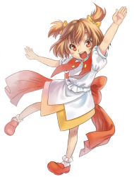 Rule 34 | 1girl, :d, :p, arc the lad, bobby socks, bow, brown eyes, brown hair, choko (arc the lad), dress, frilled socks, frills, full body, hair ribbon, happy, open mouth, ribbon, shoes, short hair, short twintails, simple background, smile, socks, solo, tongue, tongue out, twintails, yellow bow, yuuryuu nagare
