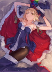 Rule 34 | 1girl, armpits, arms up, artoria pendragon (all), artoria pendragon (fate), blonde hair, boots, breasts, brown thighhighs, cape, collarbone, dress, fate/stay night, fate (series), fur-trimmed cape, fur-trimmed dress, fur trim, gloves, hat, high heel boots, high heels, highres, looking at viewer, lying, medium breasts, multicolored cape, multicolored clothes, ohland, on back, pantyhose, parted lips, purple cape, purple dress, purple footwear, purple gloves, purple hat, red cape, saber alter, saint quartz (fate), santa alter, santa hat, sidelocks, solo, strapless, strapless dress, thigh boots, thighhighs, v-shaped eyebrows, yellow eyes