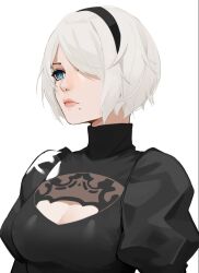 Rule 34 | 1girl, 2b (nier:automata), black hairband, blue eyes, breasts, cleavage, cleavage cutout, closed mouth, clothing cutout, commentary, english commentary, eyebrows hidden by hair, hair over one eye, hairband, juliet sleeves, lips, long sleeves, medium breasts, mole, mole under mouth, nier:automata, nier (series), puffy sleeves, sasoura, short hair, solo, turtleneck, unfinished, white hair