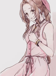 Rule 34 | 1girl, aerith gainsborough, ancotsubu, bare arms, bare shoulders, blush, bracelet, braid, breasts, brown hair, buttons, choker, curly hair, dress, final fantasy, final fantasy vii, final fantasy vii remake, grey background, hair ribbon, jacket, unworn jacket, jewelry, long dress, long hair, necklace, parted bangs, parted lips, pink dress, pink ribbon, ribbon, sidelocks, square enix