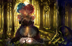 Rule 34 | 10s, 2girls, :&lt;, apron, backlighting, baisi shaonian, black dress, black ribbon, blue eyes, blue hair, bow, breasts, closed mouth, detached sleeves, dress, forest, grass, hair ornament, hair over one eye, hair ribbon, hairband, hand on another&#039;s shoulder, highres, holding hands, interlocked fingers, kneeling, lens flare, light particles, looking at another, looking at viewer, looking to the side, maid, multiple girls, nature, neck ribbon, no shoes, on ground, one eye covered, outdoors, pantyhose, pink hair, ram (re:zero), re:zero kara hajimeru isekai seikatsu, red eyes, rem (re:zero), ribbon, ribbon trim, shade, short hair, siblings, sisters, small breasts, smile, tree, tree shade, twins, white apron, white bow, white legwear, x hair ornament
