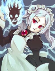 Rule 34 | 1girl, apron, bloody marie (skullgirls), blue background, brooch, dress, energy, frilled apron, frilled dress, frills, hair ornament, hand up, jewelry, red eyes, skull hair ornament, skull heart, skullgirls, solo, upper body