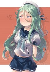 Rule 34 | 1girl, arms behind back, bad id, bad twitter id, blue neckerchief, blue sailor collar, blue skirt, blush, cosplay, cowboy shot, green eyes, green hair, hair between eyes, hat, juurouta, kantai collection, long hair, neckerchief, one-hour drawing challenge, pleated skirt, puffy short sleeves, puffy sleeves, sailor collar, sailor hat, school uniform, serafuku, short sleeves, skirt, solo, tsushima (kancolle), tsushima (kancolle) (cosplay), twitter username, white hat, yamakaze (kancolle)