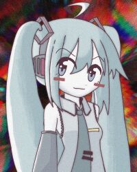 Rule 34 | 1girl, abstract background, ahoge, bagacide, blue eyes, blue hair, blue necktie, blush stickers, colored skin, commentary, detached sleeves, film grain, hair between eyes, hair ornament, hairclip, hatsune miku, headset, highres, light blue hair, light smile, long hair, looking at viewer, multicolored background, necktie, shirt, sidelocks, sleeveless, sleeveless shirt, smirk, smug, solo, twintails, upper body, v-shaped eyebrows, vocaloid, white skin