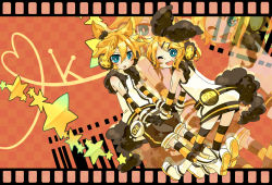 Rule 34 | 1boy, 1girl, aqua eyes, bad id, bad pixiv id, blonde hair, boots, cosplay, dress, gloves, hair ornament, hair ribbon, hairclip, headphones, headset, hetero, holding hands, isa (suisuihoi), joints, kagamine len, kagamine rin, kneehighs, maple, maple (maplehy), miki (cosplay), one eye closed, ribbon, robot joints, sf-a2 miki, sf-a2 miki (cosplay), short hair, shorts, smile, socks, star (symbol), striped clothes, striped gloves, striped socks, striped thighhighs, thighhighs, vocaloid, wink, wrist cuffs