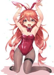 Rule 34 | 1girl, ahoge, animal ears, bare shoulders, bow, bowtie, breasts, cleavage, crescent, crescent hair ornament, crescent pin, detached collar, fake animal ears, fishnet pantyhose, fishnets, hair ornament, hair ribbon, high heels, highres, kantai collection, leotard, long hair, low-tied long hair, open mouth, pantyhose, picoli1313, pink eyes, pink hair, playboy bunny, rabbit ears, rabbit hair ornament, rabbit pose, red eyes, red leotard, ribbon, strapless, strapless leotard, thigh strap, uzuki (kancolle)
