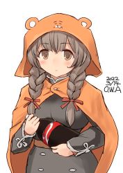 Rule 34 | 1girl, artist name, bottle, braid, brown dress, brown hair, cola, cosplay, dated, doma umaru, doma umaru (cosplay), dress, hamster hood, highres, himouto! umaru-chan, holding, hood, kantai collection, long hair, one-hour drawing challenge, owa (ishtail), pun, shinshuu maru (kancolle), simple background, soda bottle, solo, twin braids, upper body, white background