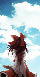 Rule 34 | 1girl, arms behind back, bad id, bad pixiv id, blouse, bow, brown hair, cloud, detached sleeves, female focus, from behind, hachitaba (melanc6ly), hair bow, hakurei reimu, highres, japanese clothes, miko, outdoors, red shirt, shirt, skirt, sky, sleeveless, sleeveless shirt, solo, touhou