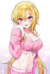 Rule 34 | 1girl, blonde hair, blush, breasts, cleavage, collarbone, commentary request, cowboy shot, crop top, cropped sweater, eyelashes, fangs, gradient background, hair over eyes, heart, heart background, highres, idolmaster, idolmaster cinderella girls, kurosaki chitose, large breasts, long hair, long sleeves, looking at viewer, making-of available, navel, nekoyashiki pushio, open mouth, pink eyes, shorts, single bare shoulder, sleeves past wrists, smile, solo, sweat, teeth, toned, towel