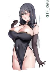 Rule 34 | 1girl, ;d, absurdres, alternate costume, bare shoulders, black dress, black gloves, black hair, blush, breasts, chikuma (kancolle), china dress, chinese clothes, cleavage, cleavage cutout, clothing cutout, commentary request, covered navel, cowboy shot, cropped legs, dress, elbow gloves, gloves, green eyes, groin, hair between eyes, highres, kantai collection, large breasts, long hair, looking at viewer, one-hour drawing challenge, one eye closed, open mouth, pelvic curtain, simple background, sleeveless, sleeveless dress, smile, solo, tf cafe, twitter username, white background