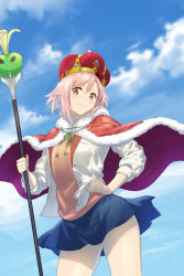 Rule 34 | 10s, 1girl, blue skirt, blue sky, cape, cloud, contrapposto, crown, day, hand on own hip, highres, holding, holding staff, koharu yoshino, looking at viewer, outdoors, pink hair, pink shirt, red eyes, sakura quest, shirt, skirt, sky, smile, solo, staff, standing, thor oekaki